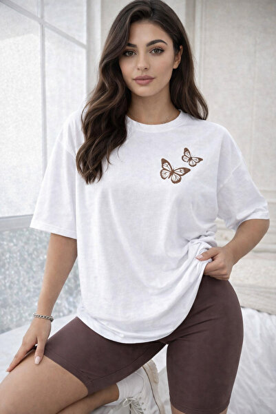SANTAMİLA Double Butterfly Printed White T-Shirt & Coffee-Colored Leggings Set