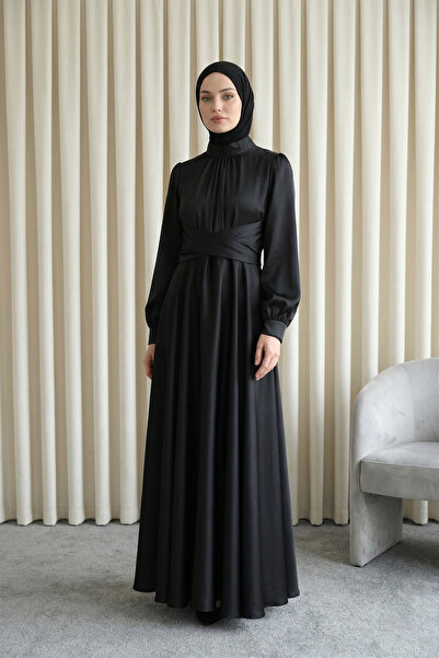 MODAQU Cross Tie Collar Satin Evening Dress - Black