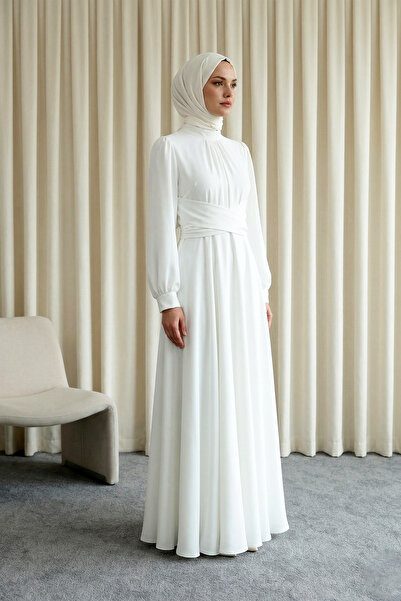 MODAQU Cross Tie Collar Satin Evening Dress - White