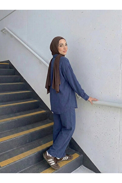 Naknaku طقم بنطلون بتفاصيل روبا خلفية - أزرق داكن
