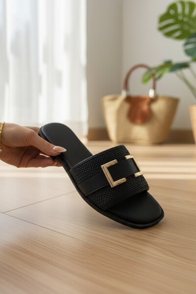 enoch Women's Straw Knitted Strap-On Orthopedic Slippers with Gold Square Buc...