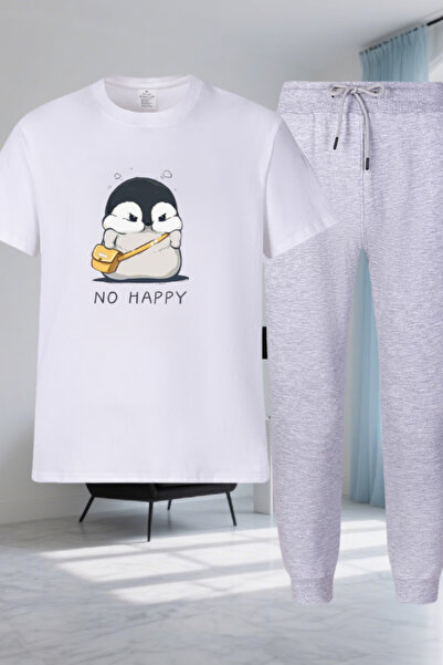 Joetsu تي شيرت مطبوع عليه NO HAPPY - طقم بدلة رياضية بياقة دائرية وسروال رياضي