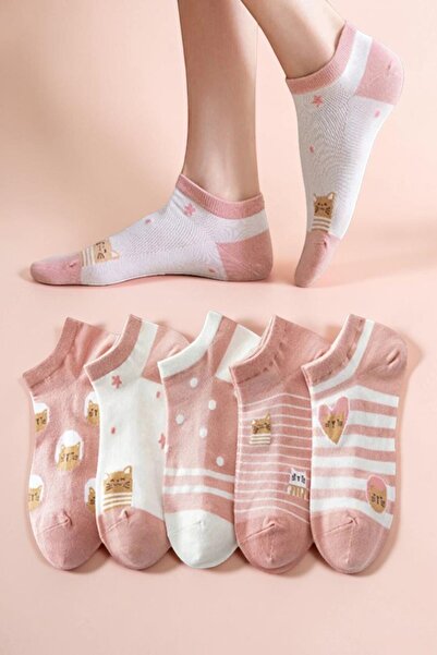 Esinti Σετ με 5 ζευγάρια γυναικείες κάλτσες με ροζ σχέδιο γατάκι