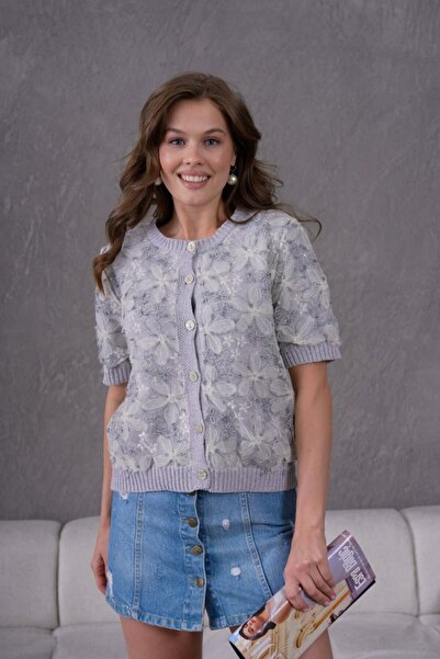 Noi Belis Floral Tulle Detailed Short Sleeve Knitwear Cardigan Ss26Hi0008