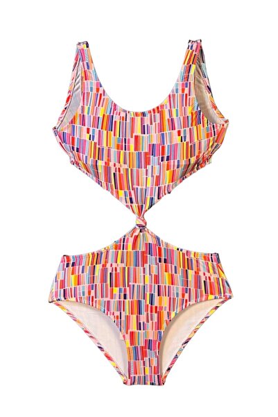 LOOK ME Colorful Striped Cut-Out Knot Detailed Girls' Swimsuit