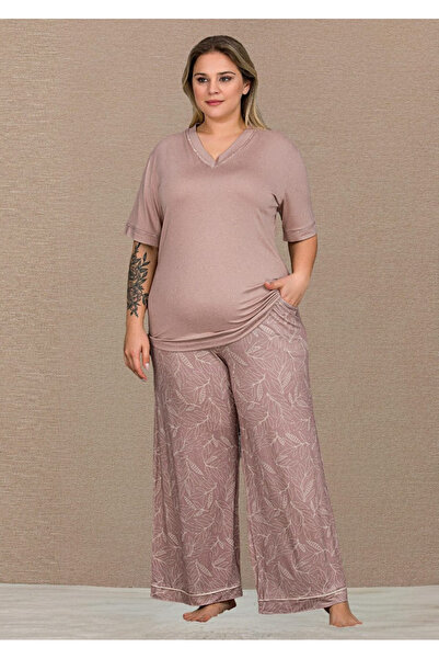 Lady Σετ Πιτζάμες σε Πούδρα Ροζ Μεγάλο Μέγεθος Πάνω και Κάτω Μέρος 11067
