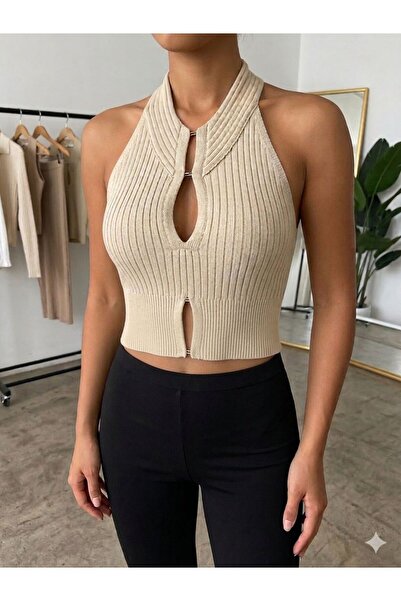 MAESTRO WOMAN Γυναικεία Μπεζ Πλεκτή Μπλούζα με Λαιμόκοψη Halter και Χαμηλό Κό...