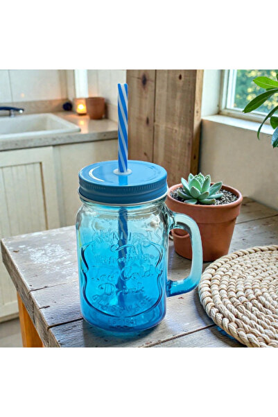 Generic Jar Mug 400ml with Relief Design - Metal Lid and Straw - Blue