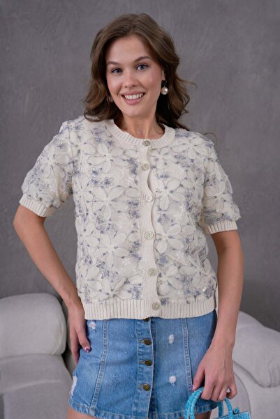 Noi Belis Floral Tulle Detailed Short Sleeve Knitwear Cardigan Ss26Hi0008