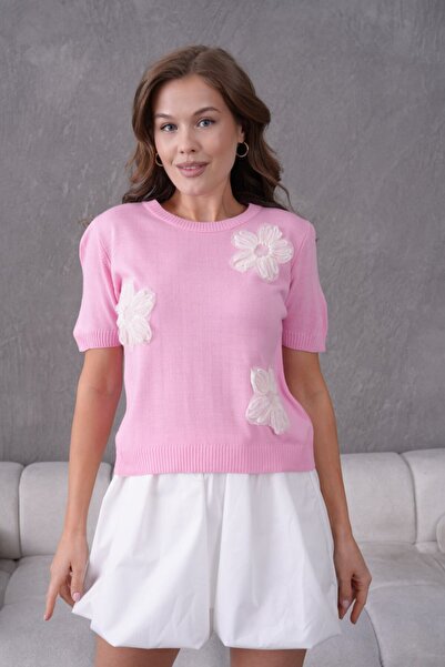 Noi Belis Λεπτομερής κοντομάνικη πλεκτή μπλούζα με λουλουδάτο τούλι SS26BZ0132