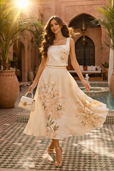 AsprinFashion Σετ μπλούζας με τετράγωνο γιακά και φούστα με στάμπα