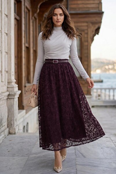 SENSTIL Φούστα από τούλι με επένδυση και σχέδιο φλοκ, σε χρώμα δαμασκηνί SS2877