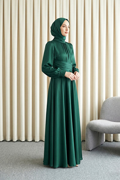 MODAQU Cross Tie Collar Satin Evening Dress - Emerald