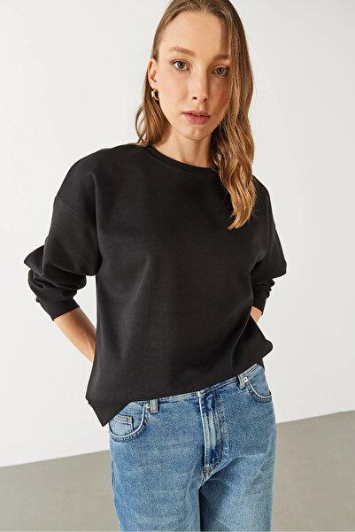 VENA Women's Rhona Crew Neck Cotton Sweatshirt - Black