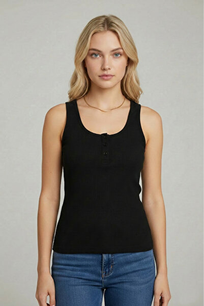 VSRN Women's Black Buttoned Henley Collar Slim Fit Undershirt
