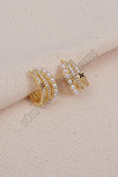 Süspüs Accessories أقراط دائرية صغيرة ذهبية مرصعة باللؤلؤ والنجوم بثلاثة صفوف