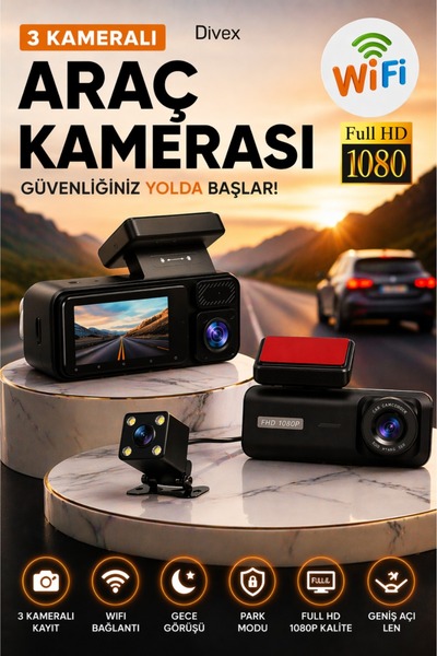 Divex 3 Kameralı Full HD 1080P WiFi Araç Kamerası - Gece Görüş Yol Kayıt Ciha...
