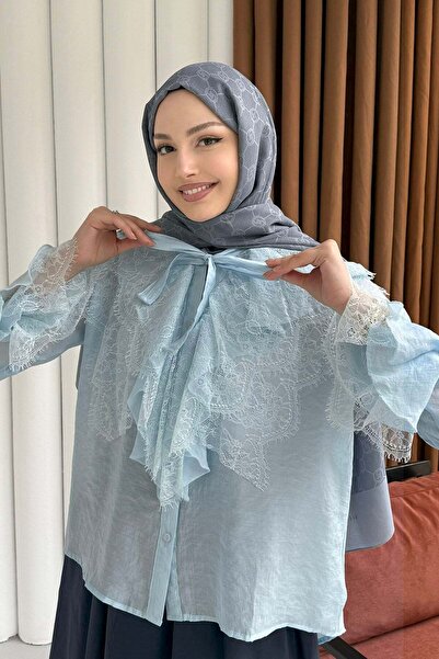 Modaensarbutik Yaka Ve Kol Dantel Fırfır Detay Gömlek-MAVİ