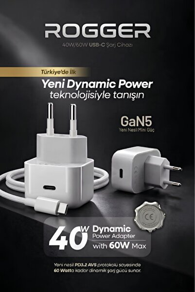 ROGGER 40W GaN5 Dynamic Power USB-C Hızlı Şarj Adaptörü 60W Max PD Type-C Şar...