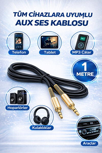 nelerbulurum 1 metre 3.5mm AUX Kablo Altın Yaylı Uç Stereo Ses Kablosu Telefo...