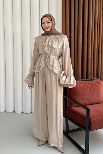 Modaensarbutik Fırfır Detaylı Bağlamalı Pantolon Tesettür Takım-TAŞ