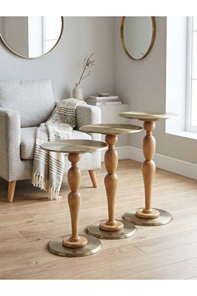 goji home decor 3'lü Ahşap Metal Sehpa Pirinç Kaplama 50-55-60 cm Naturel Cev...
