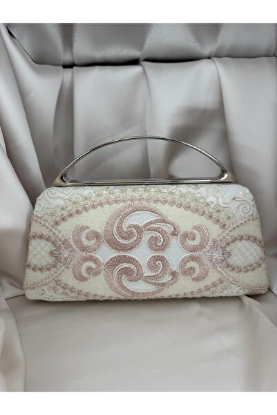 ZS Aksesuar Zarif İşlemeli Krem El Yapımı Clutch Çanta – Gümüş Saplı Abiye Da...