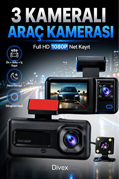 Divex 1080P HD 3 Kameralı Araç Kamerası - Ön, Arka ve İç Kayıt Yapan Gece Gör...