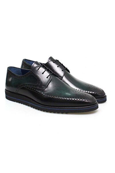 FRANCO CALVANI Black and Green Lace-Up Genuine Leather Men's Shoes