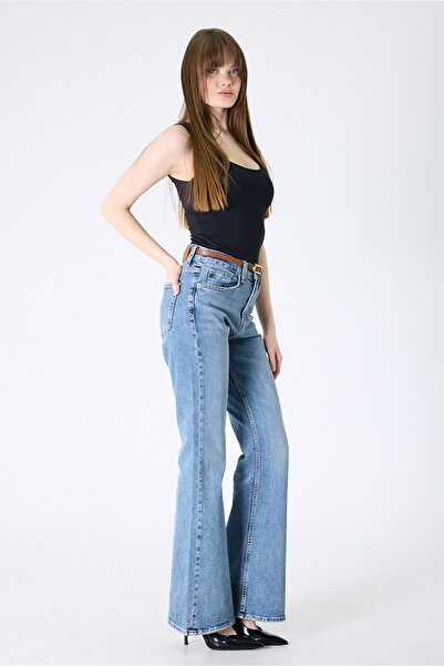 cracpot Kadın Mavi Flare Jean Pantolon – Yüksek Bel İspanyol Paça Eskitme Tint Yıkama Esnek Denim