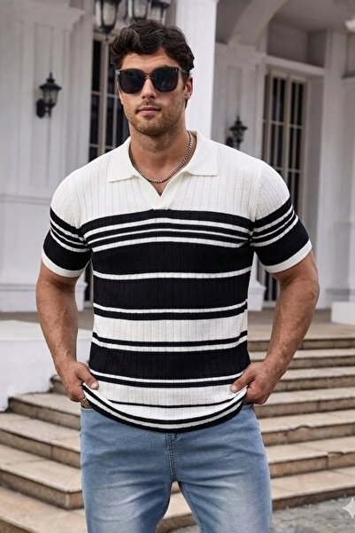 Tarz Cool Ανδρικό ριγέ πλεκτό μπλουζάκι με λαιμόκοψη πόλο και στενή εφαρμογή