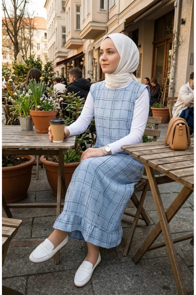 sefamerve Καρό Φόρεμα με Υφή  "Τζιλ " 2514-03 Μπλε του Πάγου