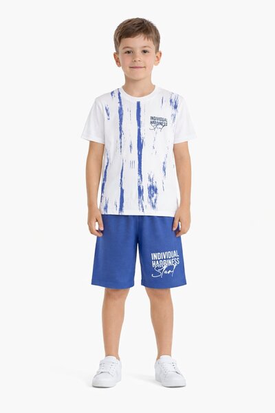 Cansın Mini Тъмносиня тениска с десен и комплект къси панталони с щамповани н...