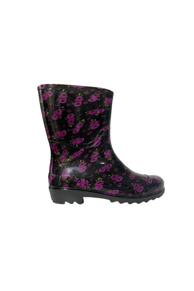 Emek Women's Purple-Black Patterned Short Garden Rain Boots Emek036-97
