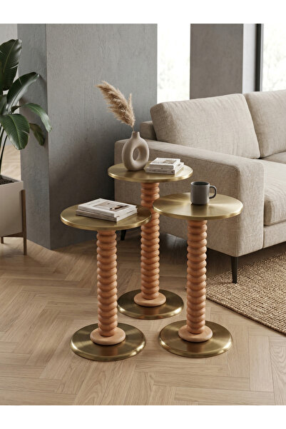 goji home decor 3'lü Ahşap Metal Sehpa Pirinç Kaplama 50-55-60 cm Naturel Cev...