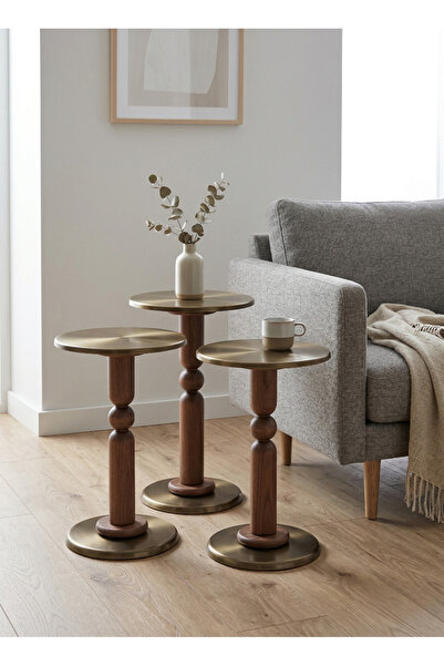 goji home decor 3'lü Ahşap Metal Sehpa Pirinç Kaplama 50-55-60 cm Naturel Cev...