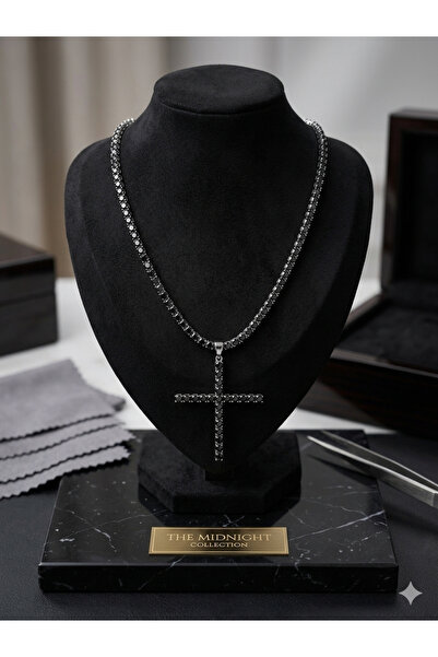 OEM Ανδρική αλυσίδα με μαύρο/ασημί σταυρό, από ανοξείδωτο ατσάλι με ασημί λεπ...