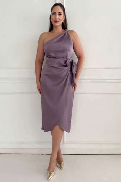 Plus Size One Shoulder Knot Detailed Satin Evening Dress - 003