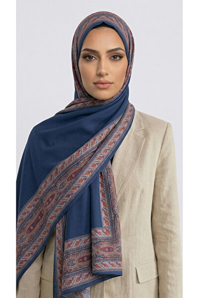 Karaca Chain Pattern Cotton Shawl - Navy Blue / Red