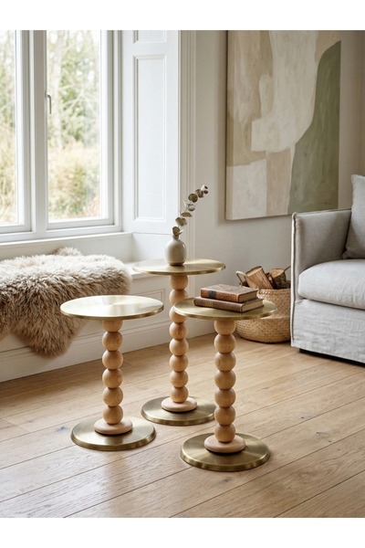 goji home decor 3'lü Ahşap Metal Sehpa Pirinç Kaplama 50-55-60 cm Naturel Cev...