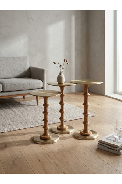 goji home decor 3'lü Ahşap Metal Sehpa Pirinç Kaplama 50-55-60 cm Naturel Cev...