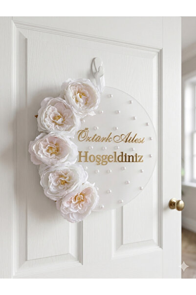 NaturessCo Λευκό στολίδι πόρτας για διακόσμηση σπιτιού με λευκή βάση και πέρλες