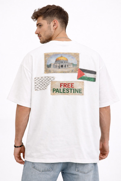 Nulivez Free Palestine Unisex Oversize Patchwork Detailed Printed T-Shirt – M...