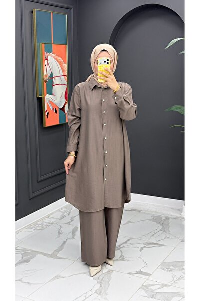 İLGEN FASHİON Fidan Mocha Relax Fit Σετ Δύο Τεμαχίων – Πουκάμισο Oversize & Π...