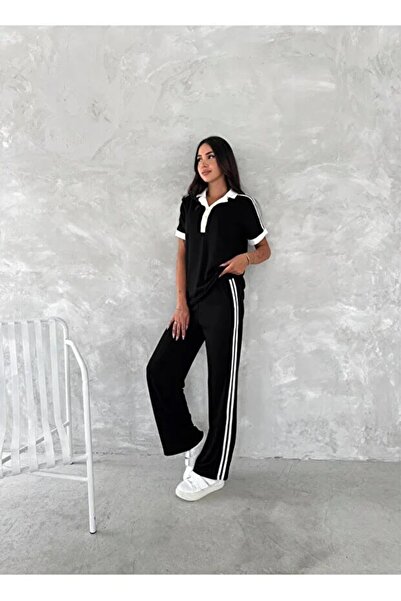 SLAW REZZ Polo Collar Side Stripe Tracksuit Set Short Sleeve Wide Leg Tracksu...
