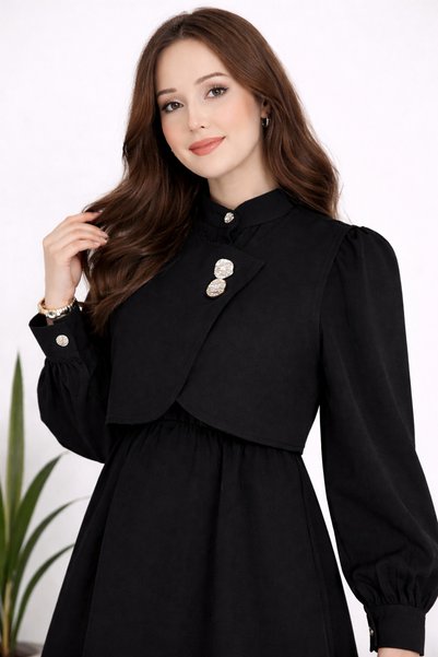ASTEMİA Women's Gold Button Detailed Bolero Dress Set Sb0014