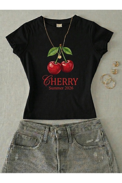 NİCE Γυναικείο κοντομάνικο μπλουζάκι με στάμπα κεράσια και λύκρα