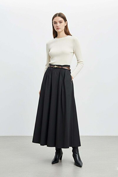 Puane Belt Detailed High Waist Long Pleated Women's Skirt Black 32463