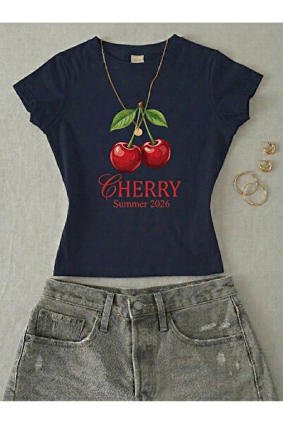 NİCE Γυναικείο κοντομάνικο μπλουζάκι με στάμπα κεράσια και λύκρα