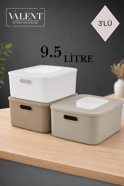 VALENT Nero 9.5 Lt 3'Lü Çok Amaçlı Kapaklı Organizer Kutu Makyaj Banyo Mutfak...